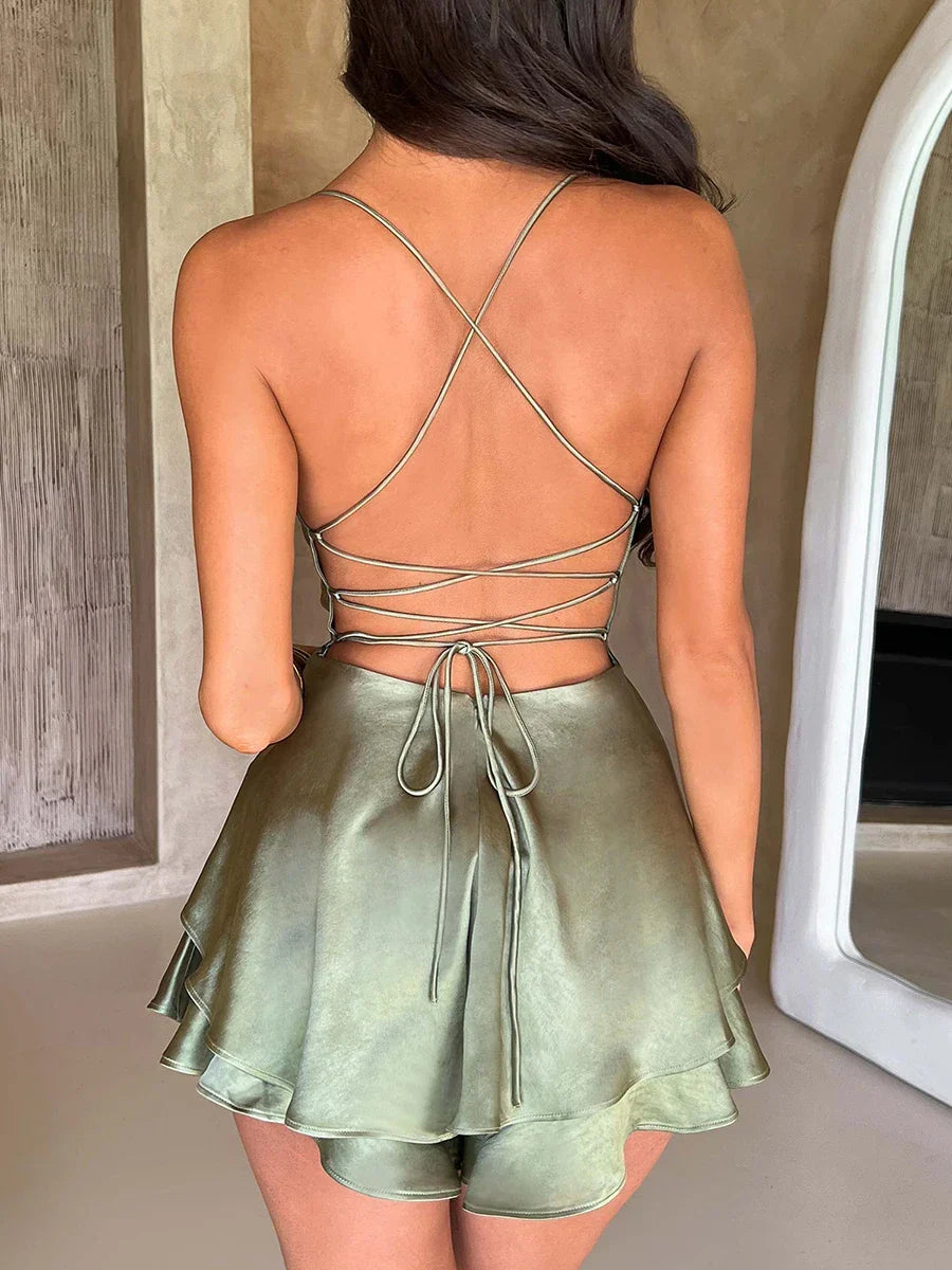 Damen Satin-Jumpsuit-Kleid mit Volant und Schnürrücken