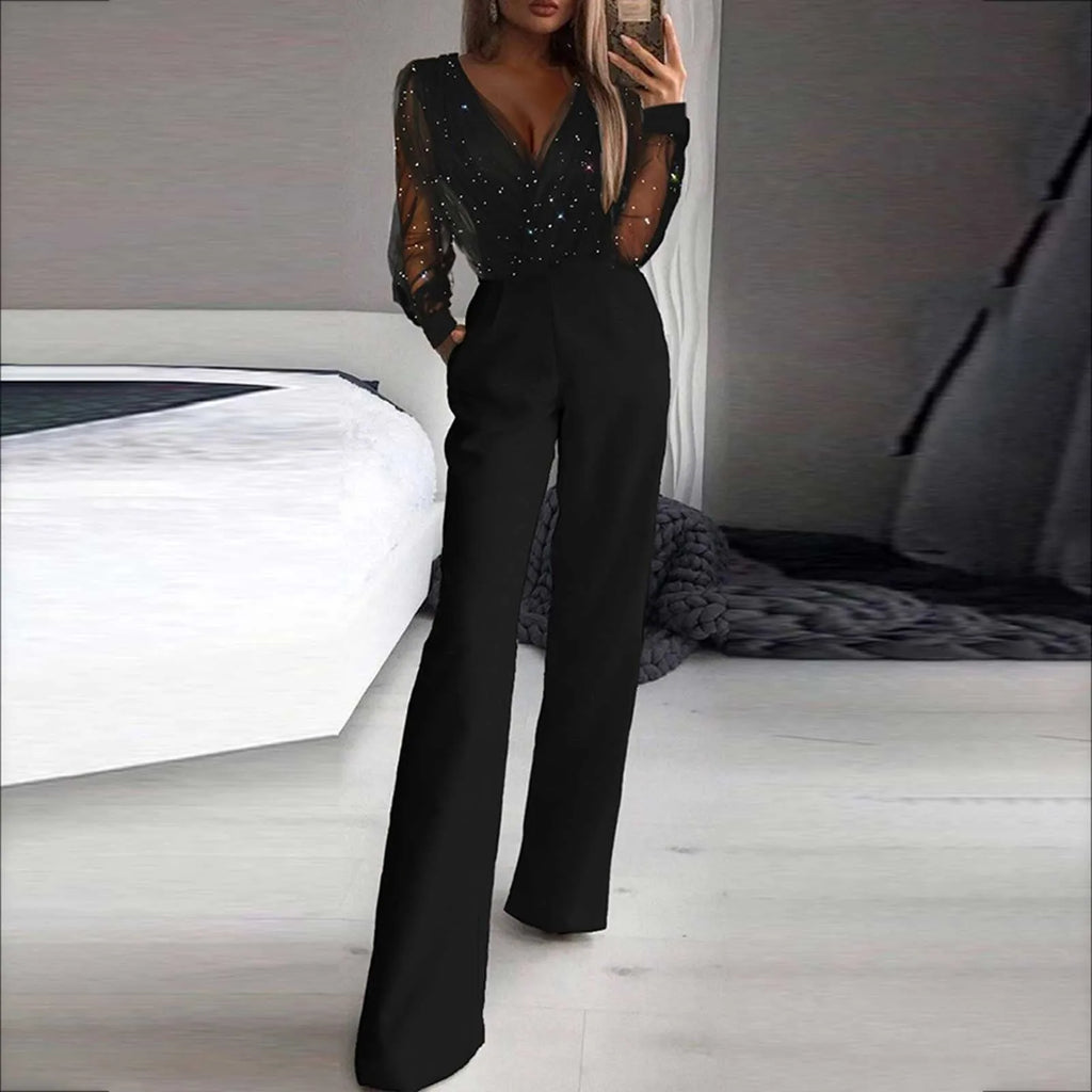 Eleganter Damen-Jumpsuit mit weitem Bein und Spitzenoberteil