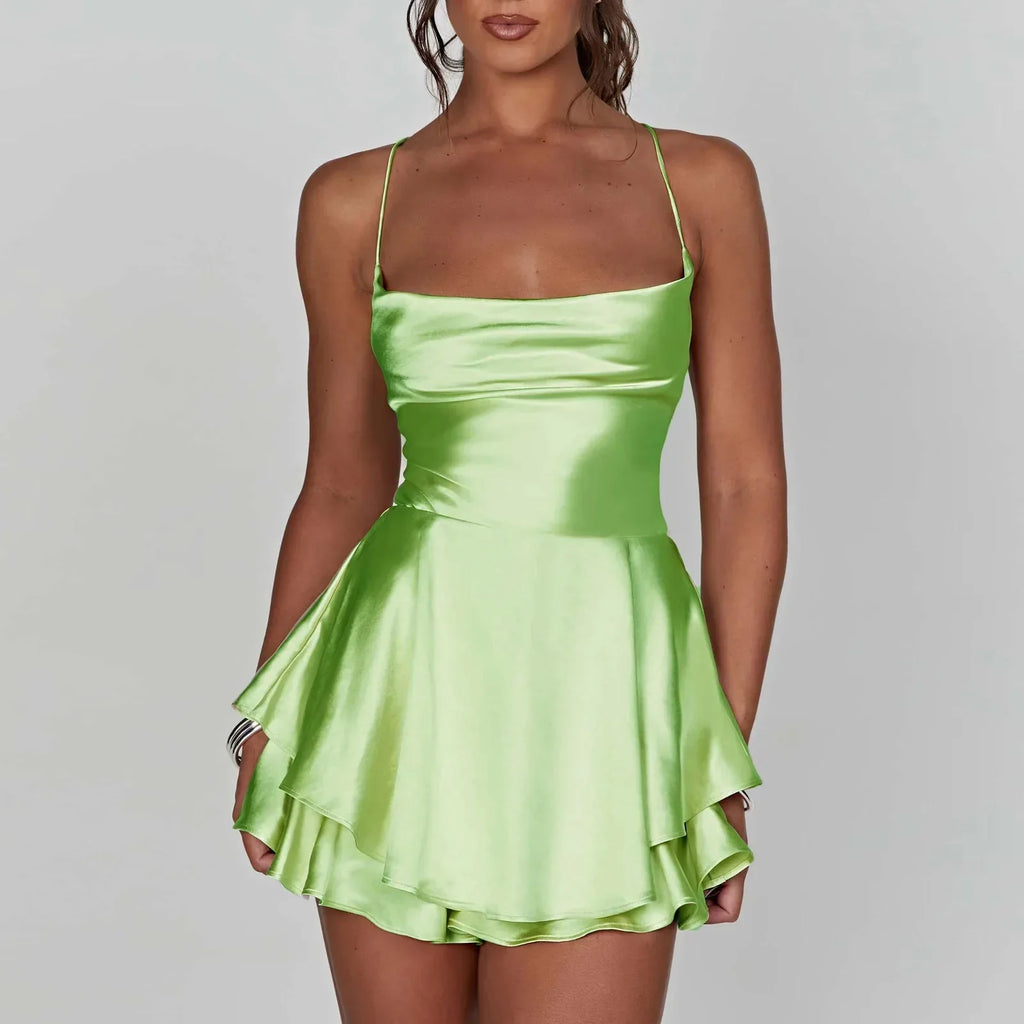 Damen Satin-Jumpsuit-Kleid mit Volant und Schnürrücken