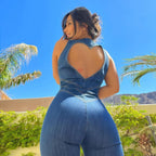 Damen-Jeans-Jumpsuit figurbetont mit Rückenausschnitt und ausgestelltem Bein