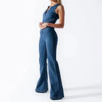 Damen-Jeans-Jumpsuit figurbetont mit Rückenausschnitt und ausgestelltem Bein