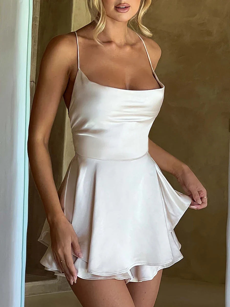 Damen Satin-Jumpsuit-Kleid mit Volant und Schnürrücken