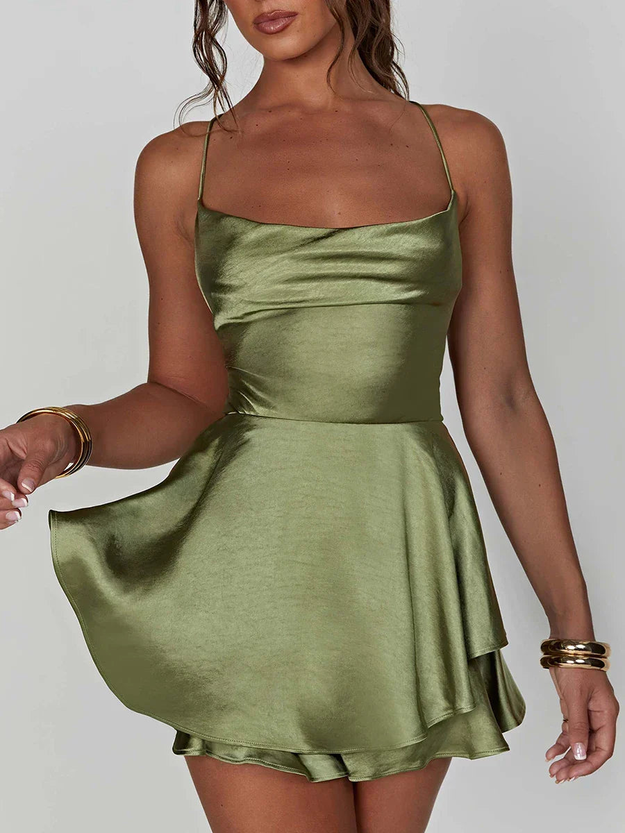 Damen Satin-Jumpsuit-Kleid mit Volant und Schnürrücken