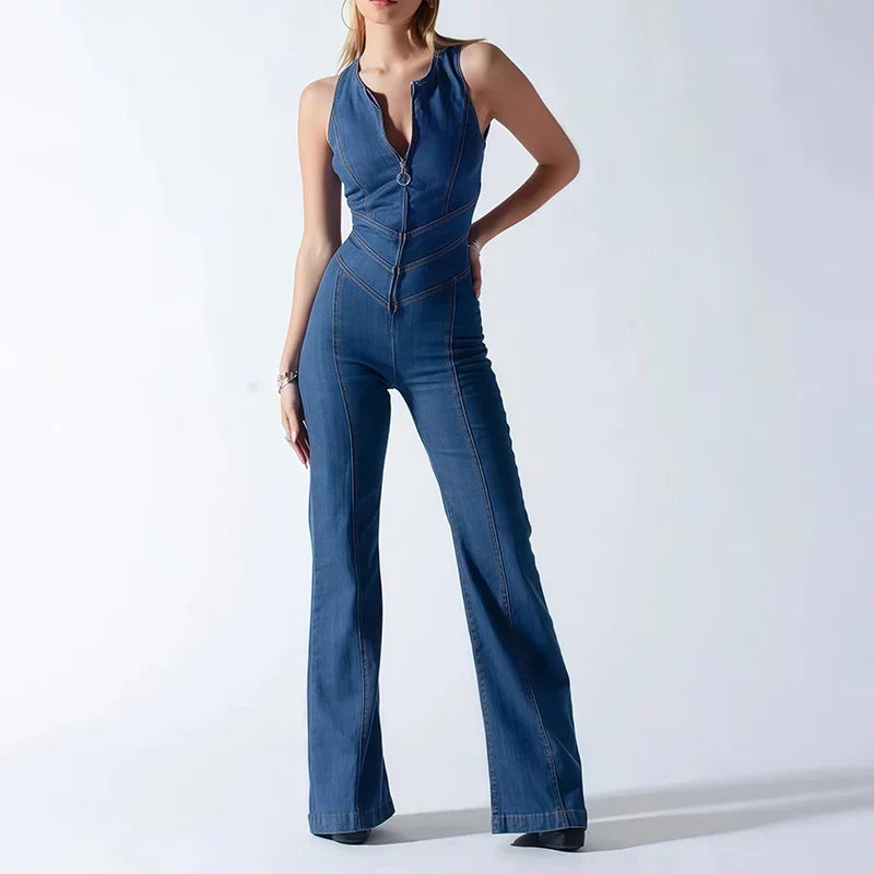 Damen-Jeans-Jumpsuit figurbetont mit Rückenausschnitt und ausgestelltem Bein