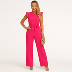 Damen Sommer-Jumpsuit mit Bindegürtel und Rüschen an den Schultern